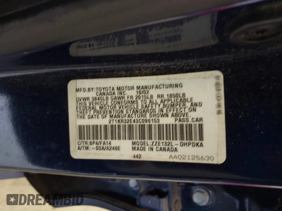 2003 Toyota Matrix Std with VIN 2T1KR32E43C096153, listed as a IAAI auction lot 41745548 with 299,999 mi miles and . Bid and sale history available at DreamBid. Image 9.