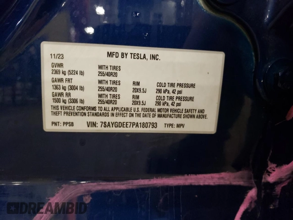 2023 Tesla Model Y Long Range with VIN 7SAYGDEE7PA180793, listed as a Copart auction lot 46706855 with 18,136 mi miles and Non Repairable. Bid and sale history available at DreamBid. Image 13.