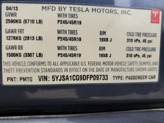 2013 Tesla Model S z VIN 5YJSA1CG9DFP09733, wystawiony jako Copart lot #58081845 z przebiegiem 88 163 mil mil oraz Szkoda całkowita • Salvage title. Historia ofert i sprzedaży dostępna na DreamBid. Obrazek 12.