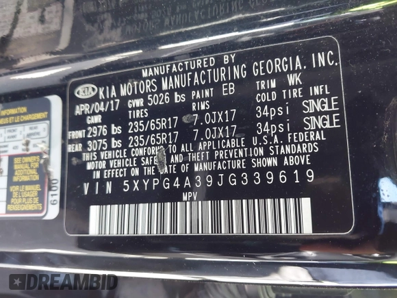 2018 Kia Sorento LX with VIN 5XYPG4A39JG339619, listed as a IAAI auction lot 41809182 with 126,954 mi miles. Bid and sale history available at carsss.com. Image 9.