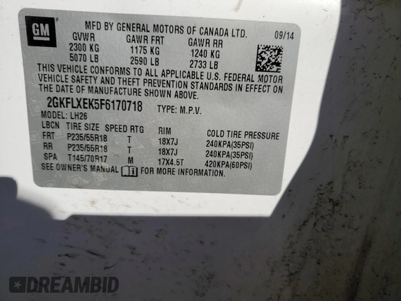 2015 GMC Terrain SLT with VIN 2GKFLXEK5F6170718, listed as a Copart auction lot 49490185 with 146,348 mi miles and Salvage Title. Bid and sale history available at DreamBid. Image 13.