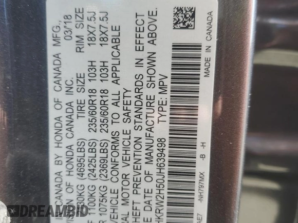2018 Honda CR-V EX with VIN 2HKRW2H50JH639498, listed as a Copart auction lot 54369735 with Not Provided miles and Salvage Title. Bid and sale history available at DreamBid. Image 13.