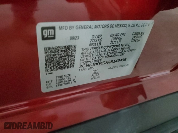 2024 Chevrolet Blazer RS with VIN 3GNKBKRS7RS149456, listed as a Copart auction lot 55678635 with 6,878 mi miles and Salvage title. Bid and sale history available at DreamBid. Image 13.