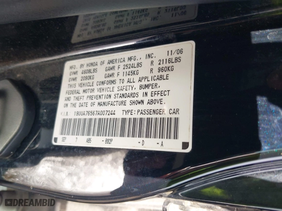 2007 Acura TL Type-S with VIN 19UUA76567A007244, listed as a IAAI auction lot 41907440 with 1 mi miles. Bid and sale history available at carsss.com. Image 9.