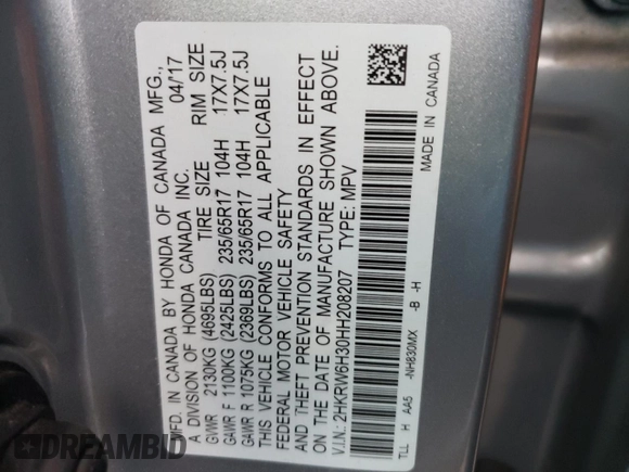 2017 Honda CR-V LX with VIN 2HKRW6H30HH208207, listed as a Copart auction lot 69969312 with 101,805 mi miles. Bid and sale history available at carsss.com. Image 13.