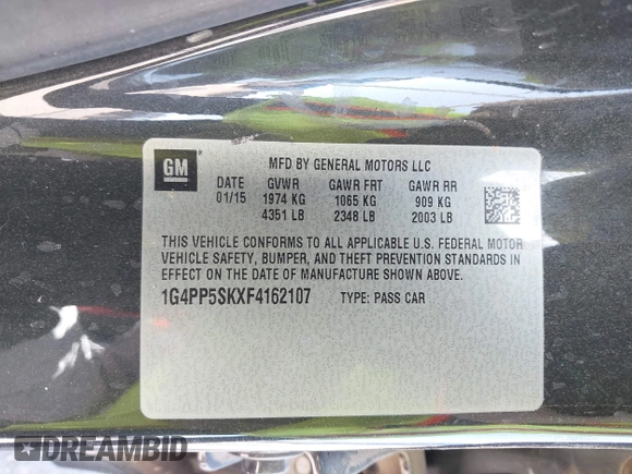 2015 Buick Verano with VIN 1G4PP5SKXF4162107, listed as a IAAI auction lot 42171611 with 208,362 mi miles and . Bid and sale history available at DreamBid. Image 9.