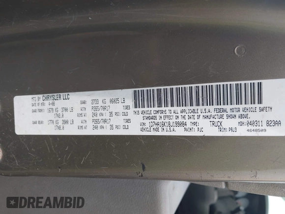 2008 Dodge 1500 ST with VIN 1D7HA16K18J199084, listed as a IAAI auction lot 41897887 with 163,272 mi miles and . Bid and sale history available at DreamBid. Image 9.