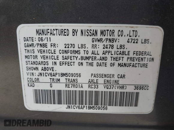 2011 Infiniti G37 Sedan Journey with VIN JN1CV6AP1BM509056, listed as a IAAI auction lot 41713097 with Not Provided miles. Bid and sale history available at carsss.com. Image 9.