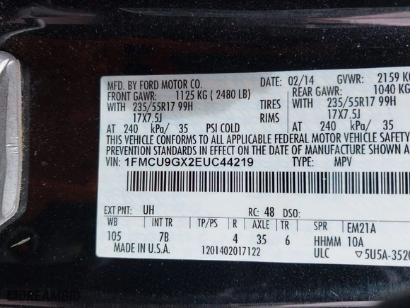 2014 Ford Escape SE with VIN 1FMCU9GX2EUC44219, listed as a IAAI auction lot 41851650 with 115,544 mi miles. Bid and sale history available at carsss.com. Image 9.