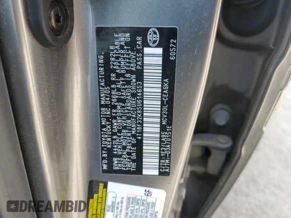 2005 Toyota Camry LE with VIN 4T1BF32K85U614653, listed as a Copart auction lot 52860195 with 156,675 mi miles and Salvage Title. Bid and sale history available at DreamBid. Image 12.