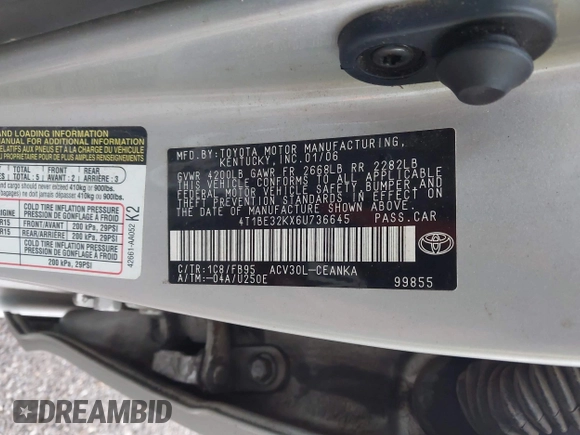 2006 Toyota Camry STD with VIN 4T1BE32KX6U736645, listed as a IAAI auction lot 42495312 with 177,972 mi miles and . Bid and sale history available at DreamBid. Image 9.