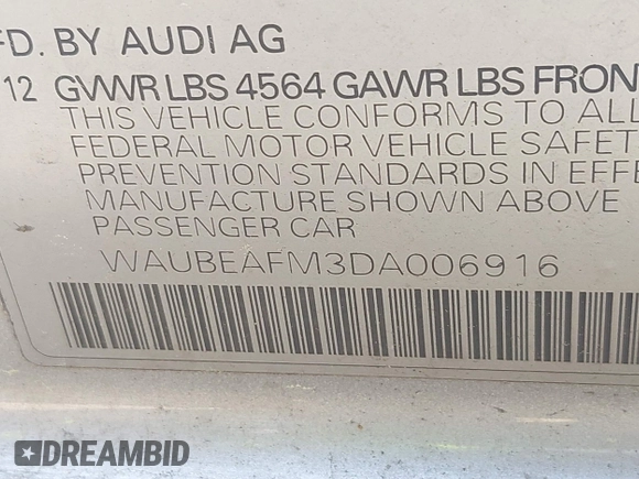 2013 Audi A3 Premium with VIN WAUBEAFM3DA006916, listed as a IAAI auction lot 42483722 with 169,191 mi miles and . Bid and sale history available at DreamBid. Image 9.