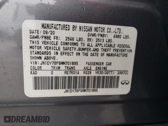 2021 Infiniti Q50 Luxe with VIN JN1EV7BP6MM701895, listed as a Copart auction lot 47854895 with 48,553 mi miles and Salvage title. Bid and sale history available at DreamBid. Image 12.