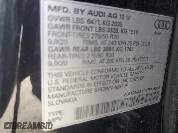 2019 Audi Q8 Premium z VIN WA1AVAF13KD013360, wystawiony jako Copart lot #89136245 z przebiegiem 77 722 mil mil oraz Szkoda całkowita • Salvage title. Historia ofert i sprzedaży dostępna na DreamBid. Obrazek 13.