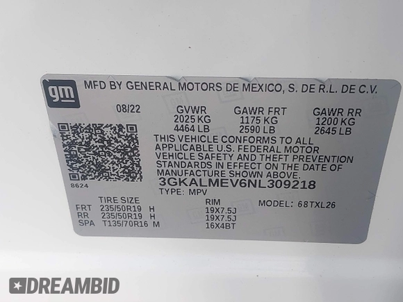 2022 GMC Terrain SLE with VIN 3GKALMEV6NL309218, listed as a IAAI auction lot 41635176 with 29,575 mi miles and . Bid and sale history available at carsss.com. Image 9.