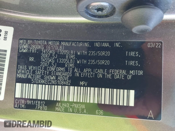 2022 Toyota Sienna XSE with VIN 5TDXRKEC2NS108482, listed as a IAAI auction lot 42061126 with 47,915 mi miles and . Bid and sale history available at DreamBid. Image 9.