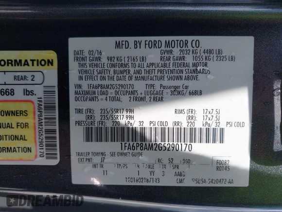 2016 Ford Mustang V6 с VIN 1FA6P8AM2G5290170, выставлен на аукционе IAAI как лот 42260864 с пробегом 122 675 миль миль и . История ставок и продаж доступна на DreamBid. Изображение 9.