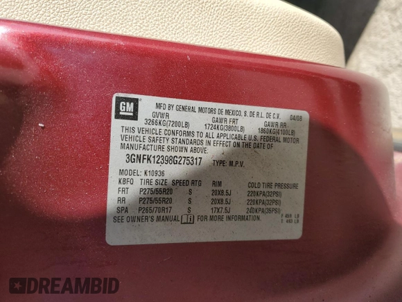 2008 Chevrolet Avalanche 2LT with VIN 3GNFK12398G275317, listed as a Copart auction lot 54267925 with 131,332 mi miles and Salvage title. Bid and sale history available at DreamBid. Image 12.