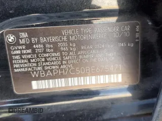 2011 BMW 3 Series 328i with VIN WBAPH7C50BE675471, listed as a Copart auction lot 52746655 with 123,179 mi miles and Salvage Title. Bid and sale history available at DreamBid. Image 12.
