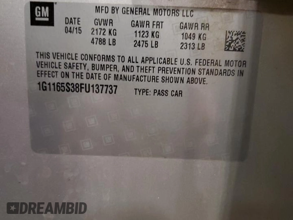 2015 Chevrolet Impala LTZ with VIN 1G1165S38FU137737, listed as a Copart auction lot 52447995 with 104,999 mi miles and Salvage Title. Bid and sale history available at DreamBid. Image 13.
