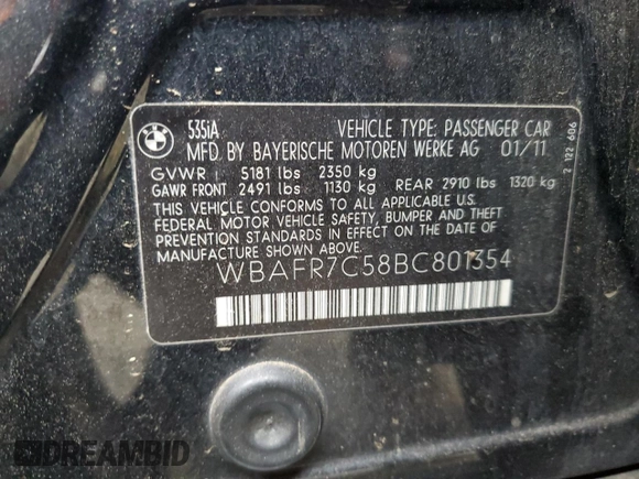 2011 BMW 5 Series 535i with VIN WBAFR7C58BC801354, listed as a Copart auction lot 50612135 with 164,237 mi miles and Salvage Title. Bid and sale history available at DreamBid. Image 12.