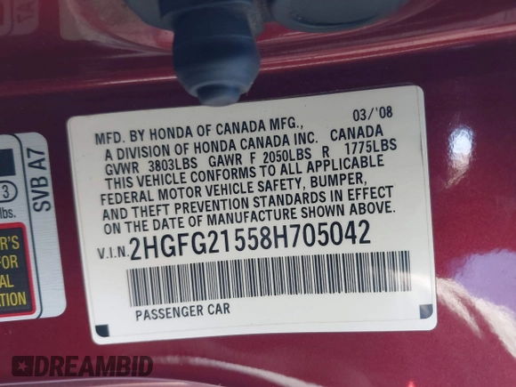 2008 Honda Civic Cpe Si with VIN 2HGFG21558H705042, listed as a IAAI auction lot 41878776 with 1 mi miles. Bid and sale history available at carsss.com. Image 9.