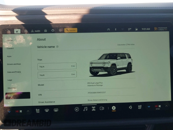 2025 Rivian R1S Adventure z VIN 7PDSGBBA3SN052257, wystawiony jako IAAI lot #41289615 z przebiegiem 2746 mil mil oraz . Historia ofert i sprzedaży dostępna na DreamBid. Obrazek 19.