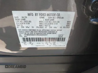 2024 Ford Explorer XLT с VIN 1FMSK8DH1RGA69457, выставлен на аукционе IAAI как лот 42542245 с пробегом 12 359 миль миль и . История ставок и продаж доступна на DreamBid. Изображение 9.