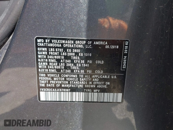 2018 Volkswagen Atlas SE with VIN 1V2CR2CA2JC576397, listed as a IAAI auction lot 41959708 with 168,619 mi miles and . Bid and sale history available at DreamBid. Image 9.