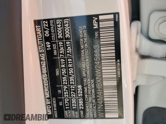 2022 Mercedes-Benz GLB 250 с VIN W1N4M4HBXNW245663, выставлен на аукционе Copart как лот 53356895 с пробегом 54 067 миль миль и Списание • Salvage title. История ставок и продаж доступна на DreamBid. Изображение 13.