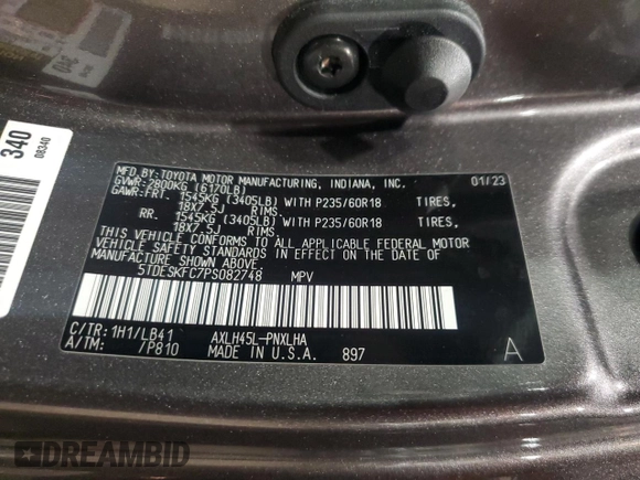 2023 Toyota Sienna Platinum with VIN 5TDESKFC7PS082748, listed as a Copart auction lot 44153015 with 45,382 mi miles and Salvage Title. Bid and sale history available at DreamBid. Image 13.