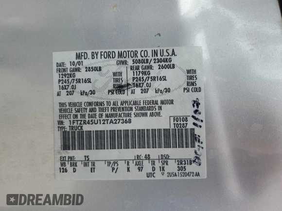 2002 Ford Ranger XLT Off-Road z VIN 1FTZR45U12TA27368, wystawiony jako Copart lot #87229374 z przebiegiem 111 159 mil mil oraz Szkoda całkowita • Salvage title. Historia ofert i sprzedaży dostępna na DreamBid. Obrazek 13.