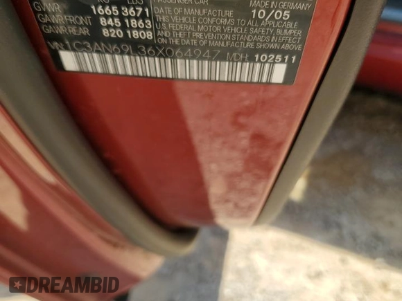 2006 Chrysler Crossfire Limited с VIN 1C3AN69L36X064947, выставлен на аукционе Copart как лот 71888254 с пробегом 66 804 миль миль и Списание • Salvage title. История ставок и продаж доступна на DreamBid. Изображение 12.