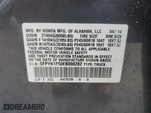 2014 Honda Ridgeline RTL с VIN 5FPYK1F50EB008282, выставлен на аукционе Copart как лот 51748265 с пробегом 124 609 миль миль и Чистый • Clean title. История ставок и продаж доступна на DreamBid. Изображение 12.
