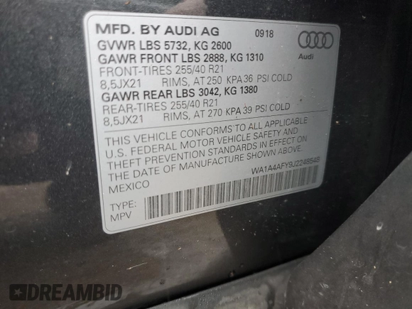 2018 Audi SQ5 Premium Plus with VIN WA1A4AFY9J2248548, listed as a Copart auction lot 81765003 with 45,804 mi miles and . Bid and sale history available at DreamBid. Image 13.