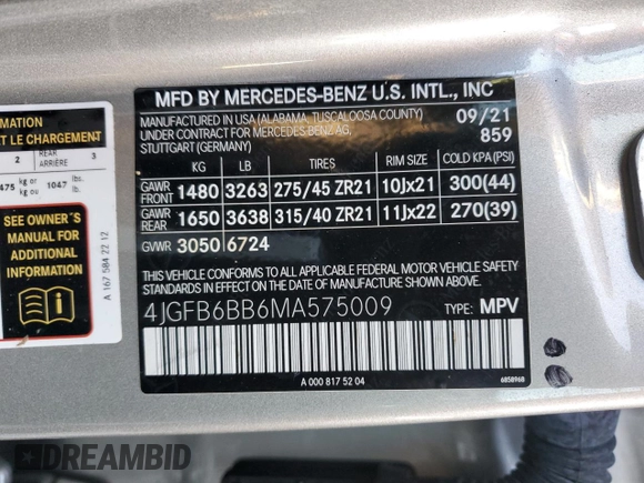 2021 Mercedes-Benz GLE 53 AMG with VIN 4JGFB6BB6MA575009, listed as a Copart auction lot 75105844 with 31,457 mi miles and Salvage title. Bid and sale history available at DreamBid. Image 16.