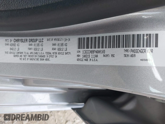 2015 Chrysler 200 Limited with VIN 1C3CCCAB9FN600103, listed as a IAAI auction lot 42750671 with 142,438 mi miles and . Bid and sale history available at DreamBid. Image 9.