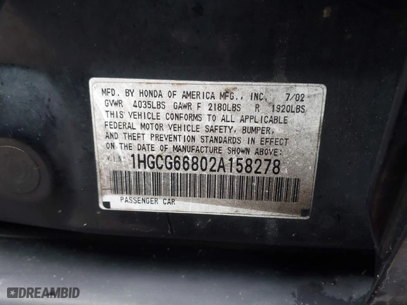 2002 Honda Accord Sdn SE with VIN 1HGCG66802A158278, listed as a IAAI auction lot 41645469 with 264,329 mi miles. Bid and sale history available at carsss.com. Image 9.