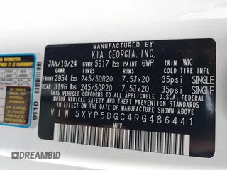 2024 Kia Telluride SX Prestige X-Line z VIN 5XYP5DGC4RG486441, wystawiony jako IAAI lot #42336929 z przebiegiem 14 033 mil mil oraz . Historia ofert i sprzedaży dostępna na DreamBid. Obrazek 9.