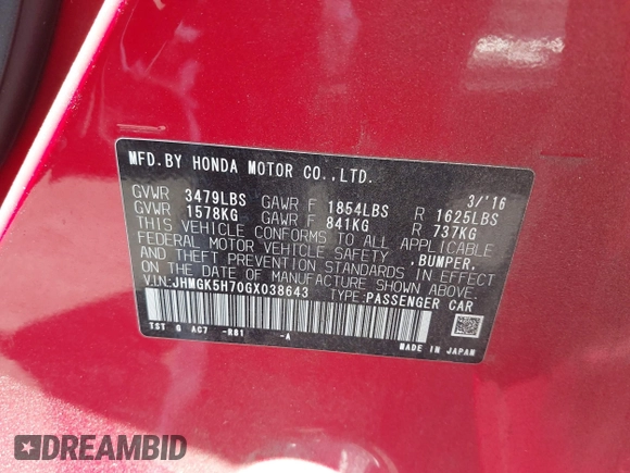 2016 Honda Fit EX with VIN JHMGK5H70GX038643, listed as a IAAI auction lot 42619424 with 39,626 mi miles and . Bid and sale history available at DreamBid. Image 9.