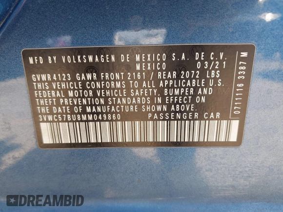 2021 Volkswagen Jetta S with VIN 3VWC57BU8MM049860, listed as a IAAI auction lot 42486170 with 66,054 mi miles and . Bid and sale history available at DreamBid. Image 9.