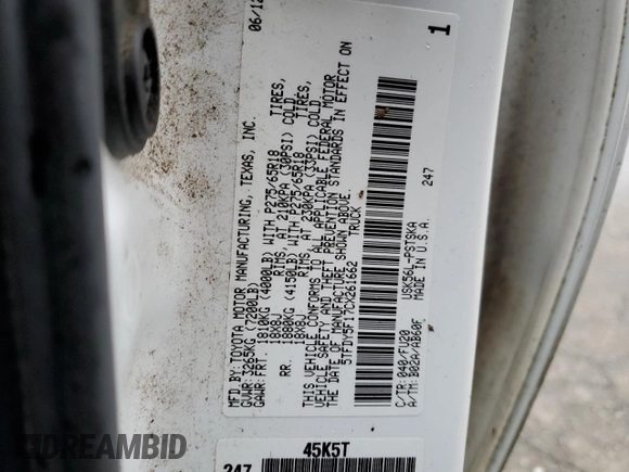 2012 Toyota Tundra 4WD Truck with VIN 5TFDY5F17CX261662, listed as a Copart auction lot 82633504 with 0 mi miles and Salvage Title. Bid and sale history available at carsss.com. Image 12.