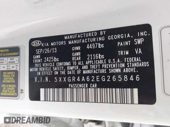 2014 Kia Optima SXL Turbo with VIN 5XXGR4A62EG265846, listed as a IAAI auction lot 42016278 with 168,805 mi miles and . Bid and sale history available at DreamBid. Image 9.