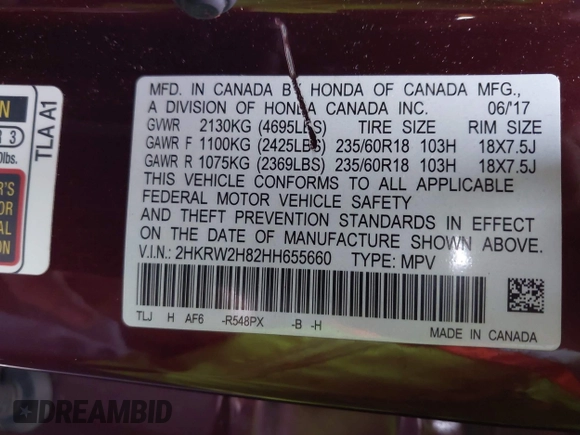 2017 Honda CR-V EX-L with VIN 2HKRW2H82HH655660, listed as a IAAI auction lot 41838317 with 69,322 mi miles. Bid and sale history available at carsss.com. Image 9.