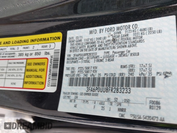2015 Ford Fusion S Hybrid with VIN 3FA6P0UU8FR283233, listed as a IAAI auction lot 41501282 with 190,809 mi miles. Bid and sale history available at carsss.com. Image 9.
