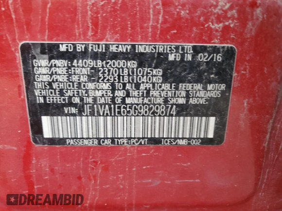 2016 Subaru WRX Premium with VIN JF1VA1E65G9829874, listed as a Copart auction lot 41335425 with 109,018 mi miles and Clean Title. Bid and sale history available at DreamBid. Image 12.
