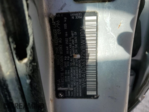 1997 BMW 5 Series 528iA with VIN WBADD6322VBW11016, listed as a Copart auction lot 78604144 with 0 mi miles and Salvage Title. Bid and sale history available at carsss.com. Image 13.