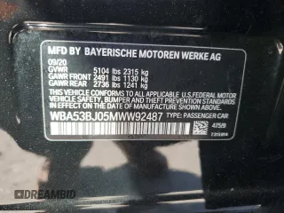 2021 BMW 5 Series 540i with VIN WBA53BJ05MWW92487, listed as a Copart auction lot 57679975 with 53,311 mi miles and Salvage title. Bid and sale history available at DreamBid. Image 13.
