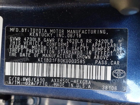 2019 Toyota Avalon Hybrid Limited with VIN 4T1B21FB0KU003585, listed as a IAAI auction lot 41430671 with 46,104 mi miles. Bid and sale history available at carsss.com. Image 9.