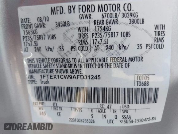 2010 Ford F-150 XL with VIN 1FTEX1CW9AFD31245, listed as a IAAI auction lot 42538912 with 250,921 mi miles and . Bid and sale history available at DreamBid. Image 9.